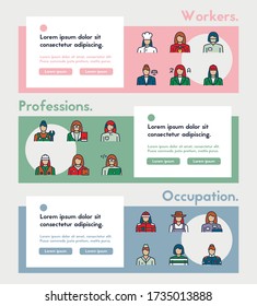 Vector color linear icon of workers women banner set. Outline symbol design of different female occupation. Profession of chef, designer, teacher, farmer, developer. Template webpage line elements