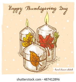 Vector color linear illustration of the autumn candles with oak and maple leaves and handwritten text Happy Thanksgiving Day. Hand drawn sketch of the burning candles on the textured paper background.