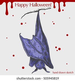 Lineare Vektorgrafik der Fledermaus, die auf dem Kopf hängt, Blutflecken, Text Frohe Halloween auf grauem Hintergrund.Handgezeichnet Skizze der gruseligen Fledermaus.Bild im Vintage-Stil für Ihr Design.