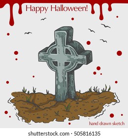 Vector color linear illustration of the cross headstone,blood stains,text Happy Halloween on the grey background.Hand drawn sketch of the celtic tombstone,grass,birds in the sky.Image in vintage style