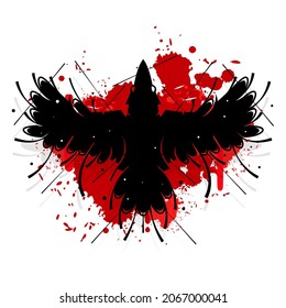 Dibujo lineal de color vectorial de los cuervos de bebida, manchas de sangre, texto Feliz Halloween sobre el fondo gris.Dibujo dibujado a mano de la copa de cuervo del charco.Imagen en estilo vintage para tu diseño