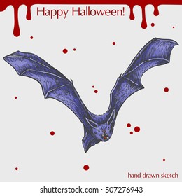 Vector color linear illustration of the flying bat,blood stains,text Happy Halloween on the grey background.Hand drawn sketch of the scary bat.Image in vintage style for your design.