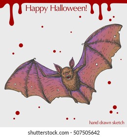 Vector color linear illustration of the flying bat,blood stains,text Happy Halloween on the grey background.Hand drawn sketch of the scary violet bat.Image in vintage style for your design.