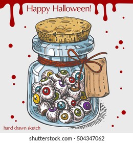 Vector color linear illustration of the glass jar full of human eyes,blood stains,text Happy Halloween on the grey background.Hand drawn sketch of the pot with label.Image in vintage style.
