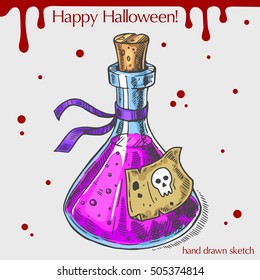 Vector color linear illustration of glass bottle,blood stains,text Happy Halloween on the grey background.Hand drawn sketch of the poison in bottle with label and skull.Image in vintage style.