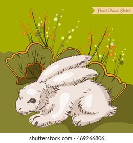 Vector color linear illustration of the hiding hare in the big green leaves with flowers. Hand drawn sketch of the rabbit and plants.