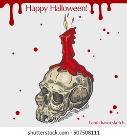 Vector color linear illustration of the human skull with red candle, blood stains,text Happy Halloween on the grey background.Hand drawn sketch of the cranium.Image in vintage style for your design.