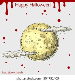 Vector Color Linear Illustration Of Night Moon Hiding In The Clouds,blood Stains,text Happy Halloween On The Grey Background.Hand Drawn Sketch Of The Full Moon.Image In Vintage Style For Your Design.