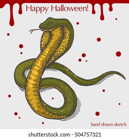 Vektorfarbe lineare Illustration der gruseligen Schlange, Blutflecken, Text Happy Halloween auf grauem Hintergrund.Handgezeichnete Skizze der Kobra mit Zunge.Bild im Vintage-Stil für Ihr Design.