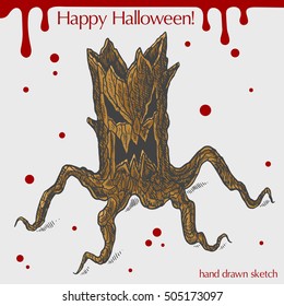 Vector color linear illustration of the scary tree,blood stains,text Happy Halloween on the grey background.Hand drawn sketch of the tree with scary face.Image in vintage style for your design.