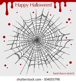 Vector color linear illustration of the spider web,blood stains,text Happy Halloween on the grey background.Hand drawn sketch of the web.Image in vintage style for your design.