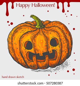 Vector color linear illustration of the surprised pumpkin with blood stains,text Happy Halloween on the grey background.Hand drawn sketch in vintage style of the pumpkin with scary face.