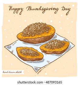 Vector color linear illustration of the sweet potatoes and handwritten text Happy Thanksgiving Day. Hand drawn sketch of the potato slices with beans on the textured paper background.