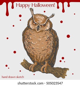 Vector color linear illustration in vintage style of angry owl,blood stains,text Happy Halloween on the grey background.Hand drawn sketch of the scary bird on the tree.Image in vintage for your design