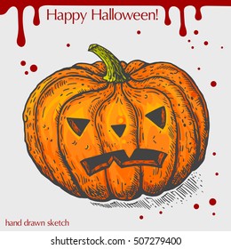 Vector color linear illustration of the wicked pumpkin with blood stains,text Happy Halloween on the grey background.Hand drawn sketch in vintage style of the pumpkin with scary face.
