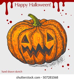 Vector color linear illustration of the wicked pumpkin with blood stains,text Happy Halloween on the grey background.Hand drawn sketch in vintage style of the pumpkin with scary face.