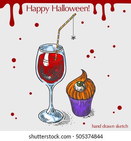 Vector color linear illustration of wineglass with blood,spider,cake with eyeball,blood stains,text Happy Halloween on the grey background.Hand drawn sketch.Image in vintage style for your design.