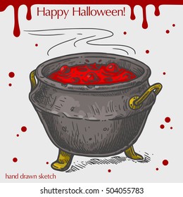 Vector color linear illustration of the witch cauldron with potion,blood stains,text Happy Halloween on the grey background.Hand drawn sketch of the pot with food and bubbles.Image in vintage style.