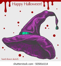 Vector color linear illustration of the witch hat,blood stains,text Happy Halloween on the grey background.Hand drawn sketch of the wizard hat.Image in vintage style for your design.