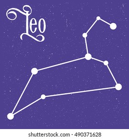 Vector color linear illustration of the zodiac sign leo with text and symbol from stars at the sky background. Vector image of the constellation. Image for calendar, poster, almanac, horoscope.