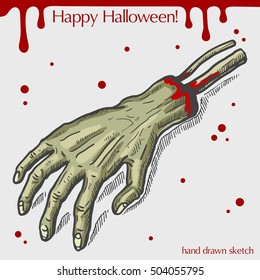 Vector color linear illustration of the zombie hand,blood stains,text Happy Halloween on the grey background.Hand drawn sketch of the hand with bones.Image in vintage style for your design.