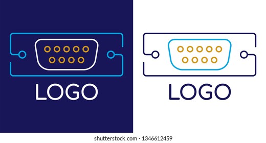 Vector color linear logo on the theme of computer products, made in the form of the Com-port connector in two versions on a blue and white background with a place for the name of the company.