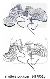 Vector color and line-art images of old sneakers.