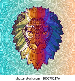 Vector Color Lion Illustration. Lion. Abstract, multi-colored profile portrait of a lion's head on patterned background ornamental style.
Lion illustration, creative design with bright colors