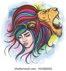 Vector Color Lion Woman Illustration