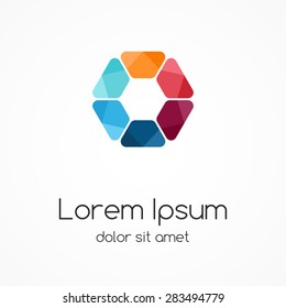 Vector color logo hexagon template. Modern abstract circle creative sign or symbol. Design geometric element with 6 equal parts