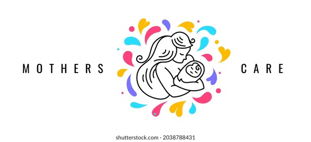 Vector Color Logo Mother Holding Baby in Arms with Heart. Line Art Style Design of Creative Logotype Love Mothers with Child Care on White Background with Text