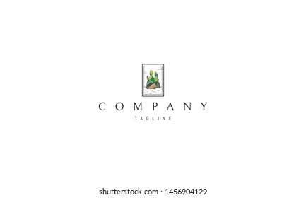 Vector color logo on which is an abstract image of a hill with trees.