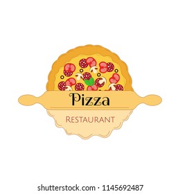 Vector color logo for restaurant with half of dough under rolling pin transforming to ready pizza. Top view. Text. Isolated on the white background.