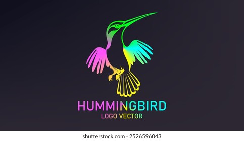 Vector color logo. Simple bright rainbow graphic stylistic hummingbird bird. Corporation emblem. Dark isolated background.