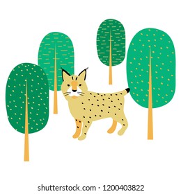 vector color lynx  big cat animal in tree forest simple doodle scandinavian style childish for your paper textile design