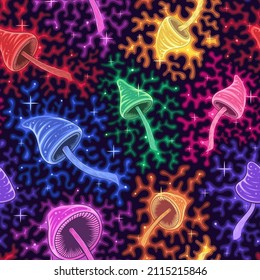 Vector Color Magic  Mushrooms Seamless Pattern