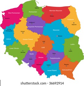 Vector color map of administrative divisions of Poland with capital cities