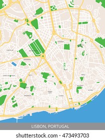 Vector color map of central Lisbon, the capital of Portugal. All objects are located on separate layers.