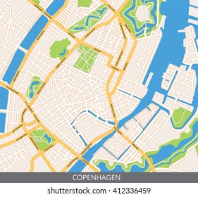 Vector color map of Copenhagen, the capital of Denmark. All objects are located on separate layers. Elements of this image are furnished by NASA.