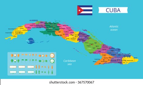 Vector color map of Cuba with capital Havana, provincies, important cities and roads. All objects are located on separate layers.