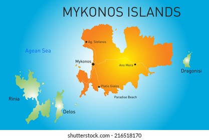 Vector color map of Island of Mykonos in Greece