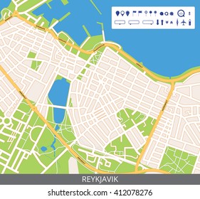 Vector color map of Reykjavik, the capital of Iceland. All objects are located on separate layers. Elements of this image are furnished by NASA.