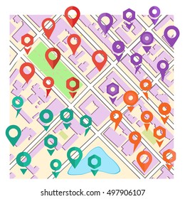 Vector color map scheme plan and set of flat markers and pointers icons for map in the style flat design different color. Tag, pin, place sign icon, vector illustration. 