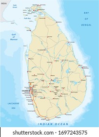 Mapa del color de los vectores en el país de Sri Lanka con importantes ciudades y carreteras