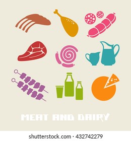 Vector color meat and dairy icon. Food simple sign for menu and market. Color illustration for print, web