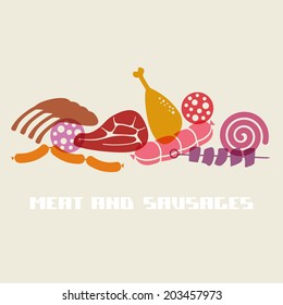 Vector color meat and sausages icon. Food sign for menu and market. Illustration for print, web