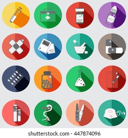 vector  color medical icons set on grey background.