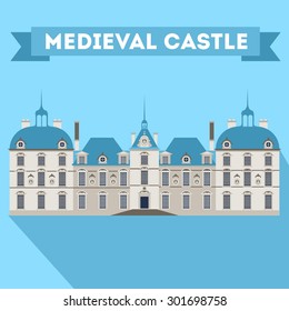 Vector color  medieval castle in flat material style. European landmark. Travel theme.