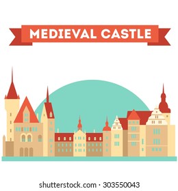 Vector color medieval castle in flat material style. European landmark. Fantastic theme. 