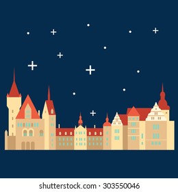 Vector color medieval castle in flat material style. European landmark. Fantastic theme. 